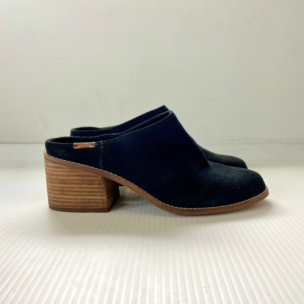 Toms Lelia Black Suede Leather Block Heel Mules Clogs Womens 9.5